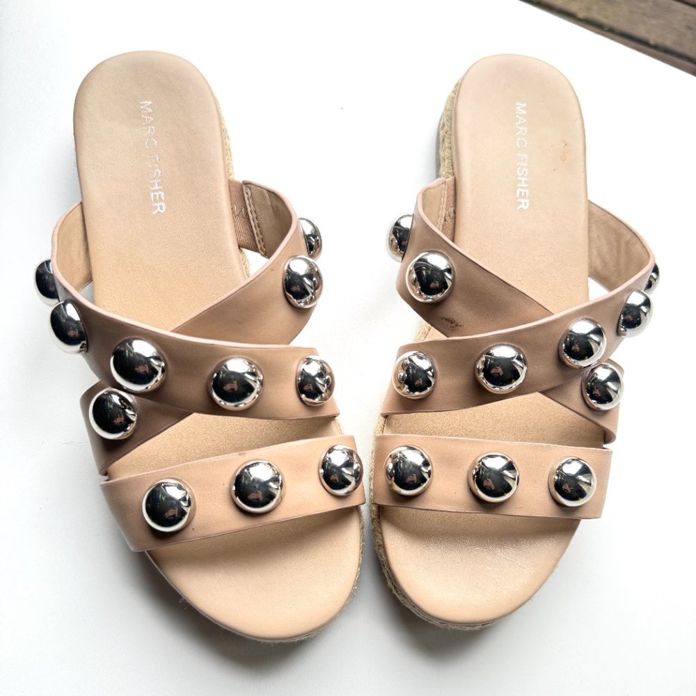 Women Marc Fisher Sandals 7;5 Prisca Beige Studded Crisscross